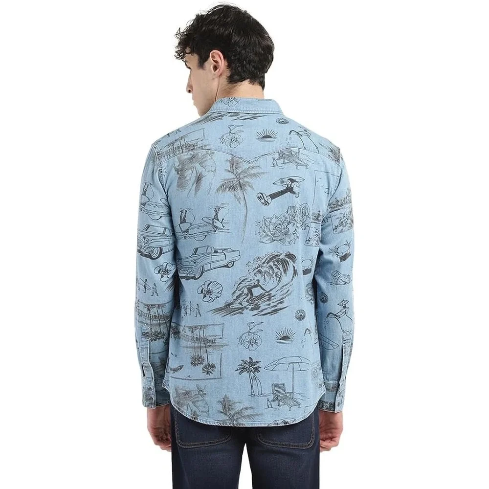 Levis Mens The Western Standard Fit‎ Denim Shirt Blue Beach Surf Print XL NWT